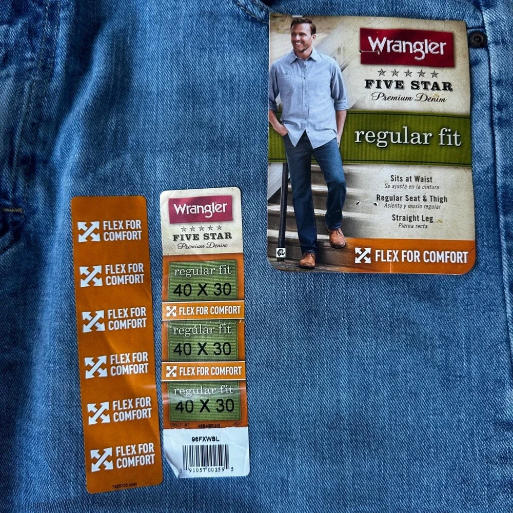 Wrangler Jeans Mens 40x30 Blue New Five Star Regular Fit Flex Denim NWT